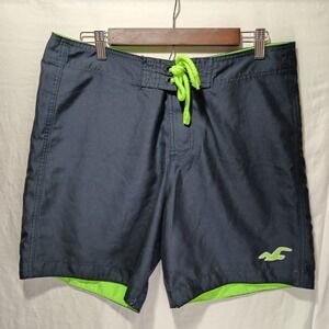 Hollister Swim Trunks Mens Large Navy Blue & Lime Green Swim Surf Board